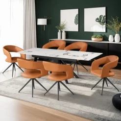 Sintered Stone Table and 6 Kitchen Armchairs - Pumpkin Orange Grey/White/Black/Tan Discount