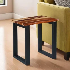 Solid Wood Side Table Natural sheesham and black metal