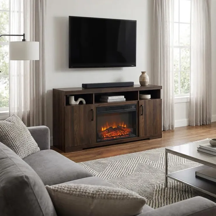 TV Stand with Electric Fireplace 54" Natural New