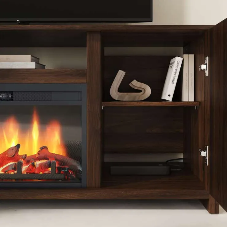 Meubles South Shore TV Stand with Electric Fireplace 60" - South Shore Natural Walnut Clearance
