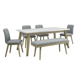 White Marble Top Dining Table, 4 Chairs and 1 Bench - Grey White / Grey / Natural Online