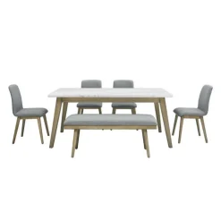 White Marble Top Dining Table, 4 Chairs and 1 Bench - Grey White / Grey / Natural Online