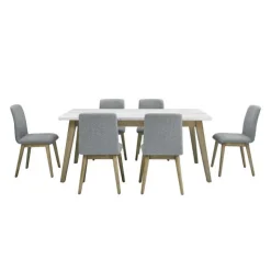 White Marble Top Dining Table with 6 Chairs - Grey White / Grey / Natural