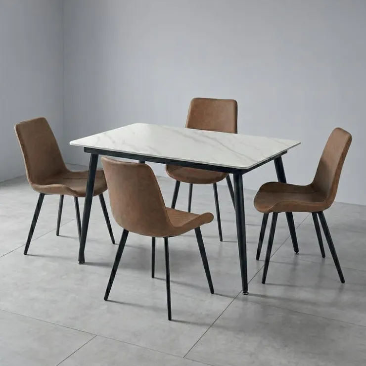 Sintered Stone Dining Set with 4 Cognac Chairs - 48" White New